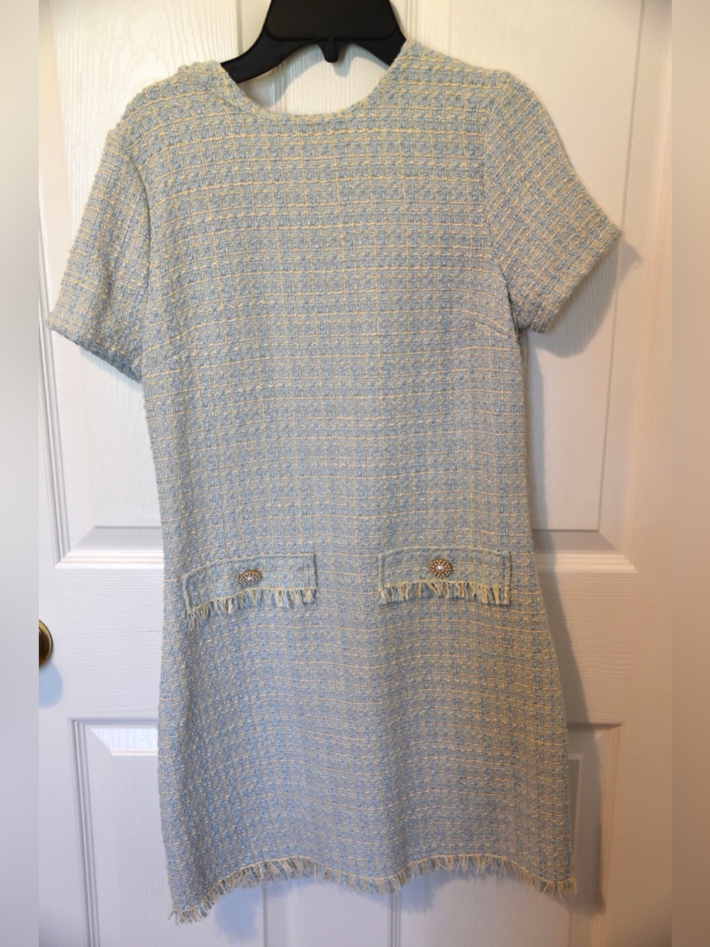 BeBop Light Blue and cream Tweed Shift Dress with Fringe Pocket Detail